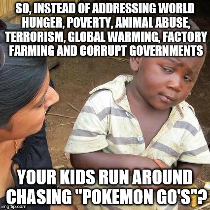 Third World Skeptical Kid | SO, INSTEAD OF ADDRESSING WORLD HUNGER, POVERTY, ANIMAL ABUSE, TERRORISM, GLOBAL WARMING, FACTORY FARMING AND CORRUPT GOVERNMENTS; YOUR KIDS RUN AROUND CHASING "POKEMON GO'S"? | image tagged in memes,third world skeptical kid | made w/ Imgflip meme maker