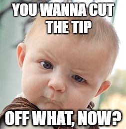 Skeptical Baby Meme | YOU WANNA CUT 


THE TIP; OFF WHAT, NOW? | image tagged in memes,skeptical baby | made w/ Imgflip meme maker