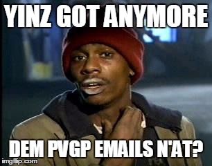 Y'all Got Any More Of That Meme | YINZ GOT ANYMORE; DEM PVGP EMAILS N'AT? | image tagged in memes,yall got any more of | made w/ Imgflip meme maker