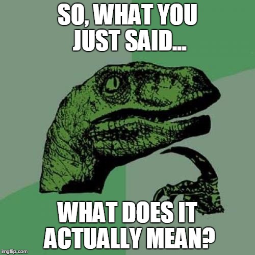 Philosoraptor | SO, WHAT YOU JUST SAID... WHAT DOES IT ACTUALLY MEAN? | image tagged in memes,philosoraptor | made w/ Imgflip meme maker