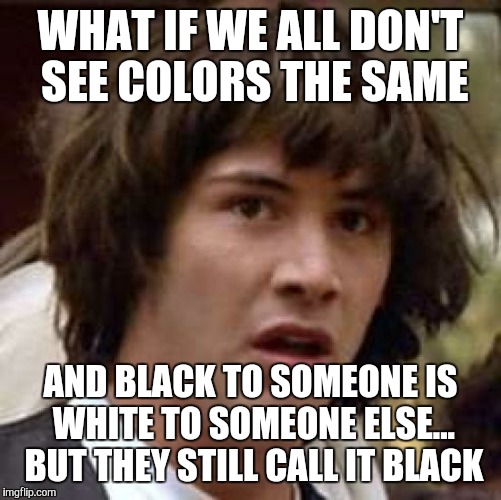 Think about it... | WHAT IF WE ALL DON'T SEE COLORS THE SAME; AND BLACK TO SOMEONE IS WHITE TO SOMEONE ELSE... BUT THEY STILL CALL IT BLACK | image tagged in memes,conspiracy keanu | made w/ Imgflip meme maker