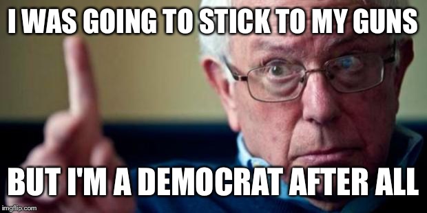 Bernie Sanders | I WAS GOING TO STICK TO MY GUNS; BUT I'M A DEMOCRAT AFTER ALL | image tagged in bernie sanders | made w/ Imgflip meme maker