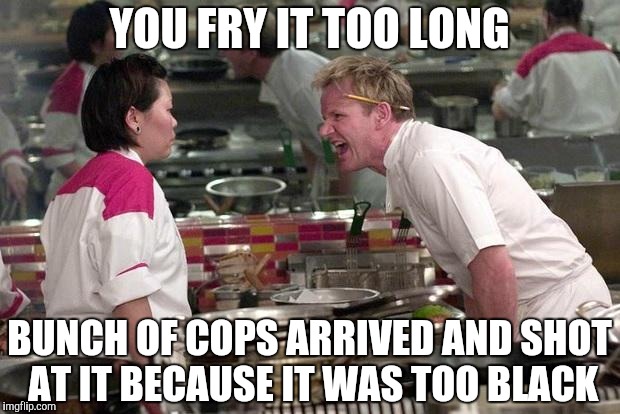 Too soon?  | YOU FRY IT TOO LONG; BUNCH OF COPS ARRIVED AND SHOT AT IT BECAUSE IT WAS TOO BLACK | image tagged in gordon ramsey | made w/ Imgflip meme maker