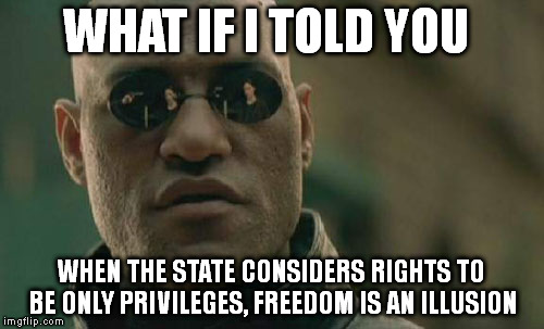 Matrix Morpheus | WHAT IF I TOLD YOU; WHEN THE STATE CONSIDERS RIGHTS TO BE ONLY PRIVILEGES, FREEDOM IS AN ILLUSION | image tagged in memes,matrix morpheus | made w/ Imgflip meme maker