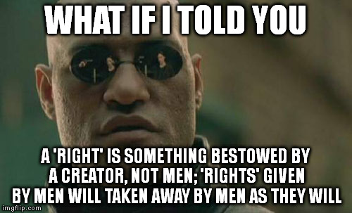 Matrix Morpheus | WHAT IF I TOLD YOU; A 'RIGHT' IS SOMETHING BESTOWED BY A CREATOR, NOT MEN; 'RIGHTS' GIVEN BY MEN WILL TAKEN AWAY BY MEN AS THEY WILL | image tagged in memes,matrix morpheus | made w/ Imgflip meme maker