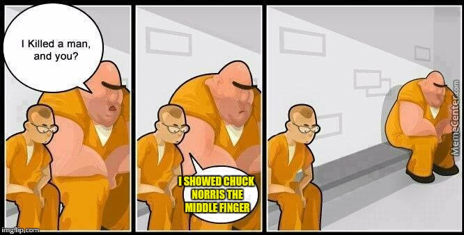 How did he make it out alive!! | I SHOWED CHUCK NORRIS THE MIDDLE FINGER | image tagged in prisoners blank | made w/ Imgflip meme maker