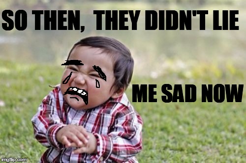 Evil Toddler Meme | SO THEN,  THEY DIDN'T LIE ME SAD NOW | image tagged in memes,evil toddler | made w/ Imgflip meme maker