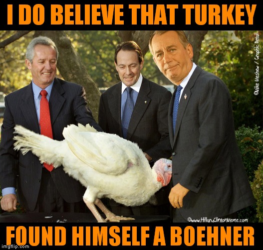 Hillary isn't the only one who had problems with Turkey lol! | I DO BELIEVE THAT TURKEY; FOUND HIMSELF A BOEHNER | image tagged in john boehner,turkey,oh no,ooops,disgusting,politics | made w/ Imgflip meme maker