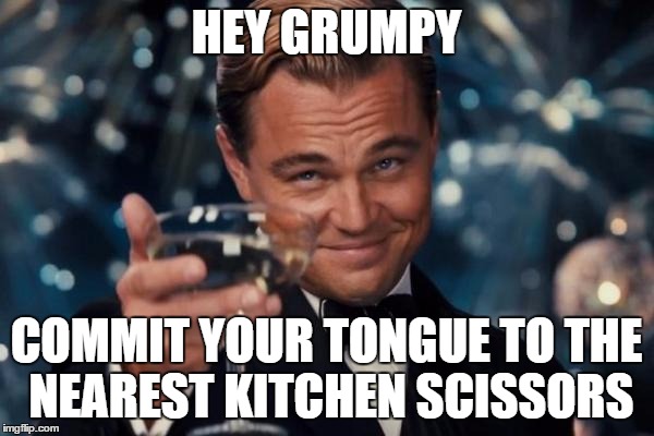 Leonardo Dicaprio Cheers Meme | HEY GRUMPY COMMIT YOUR TONGUE TO THE NEAREST KITCHEN SCISSORS | image tagged in memes,leonardo dicaprio cheers | made w/ Imgflip meme maker