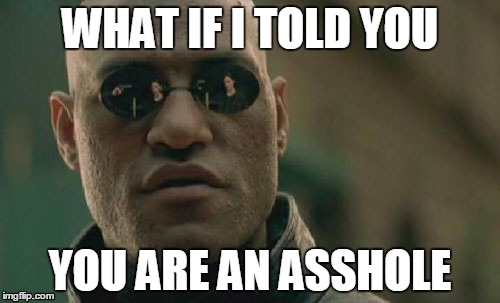 Matrix Morpheus | WHAT IF I TOLD YOU; YOU ARE AN ASSHOLE | image tagged in memes,matrix morpheus,asshole | made w/ Imgflip meme maker