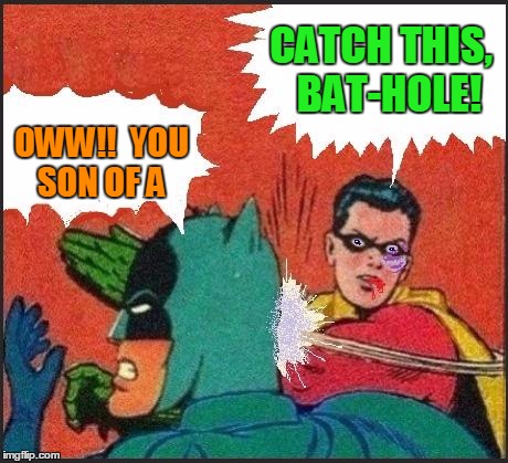 Robin slaps | CATCH THIS,  BAT-HOLE! OWW!!  YOU SON OF A | image tagged in robin slaps | made w/ Imgflip meme maker