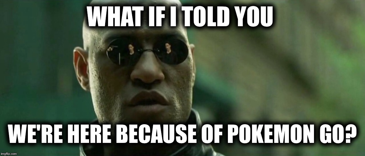 Matrix Pokemon Go | WHAT IF I TOLD YOU; WE'RE HERE BECAUSE OF POKEMON GO? | image tagged in pokemon go meme | made w/ Imgflip meme maker