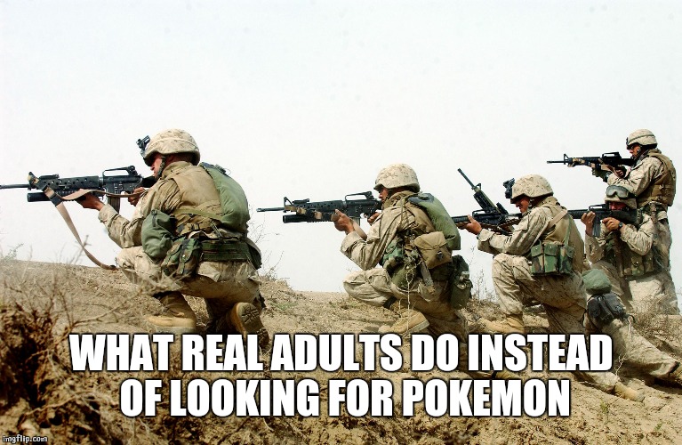 soldiers | WHAT REAL ADULTS DO INSTEAD OF LOOKING FOR POKEMON | image tagged in soldiers | made w/ Imgflip meme maker