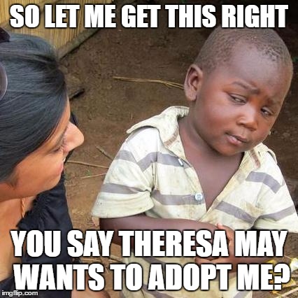 Third World Skeptical Kid | SO LET ME GET THIS RIGHT; YOU SAY THERESA MAY WANTS TO ADOPT ME? | image tagged in memes,third world skeptical kid | made w/ Imgflip meme maker