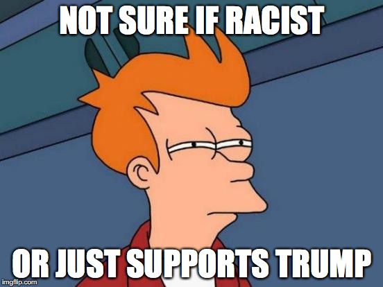 tru dat fris tru dat | NOT SURE IF RACIST; OR JUST SUPPORTS TRUMP | image tagged in memes,futurama fry | made w/ Imgflip meme maker