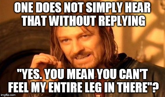 One Does Not Simply Meme | ONE DOES NOT SIMPLY HEAR THAT WITHOUT REPLYING "YES. YOU MEAN YOU CAN'T FEEL MY ENTIRE LEG IN THERE"? | image tagged in memes,one does not simply | made w/ Imgflip meme maker