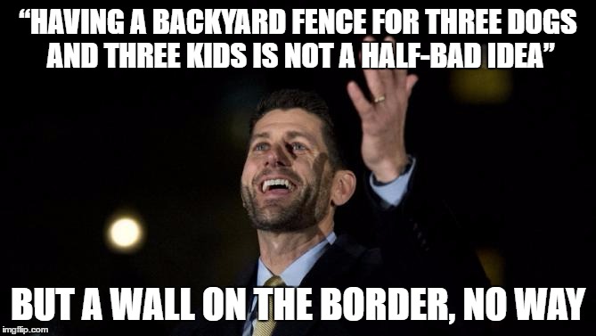 Ryan's Backyard Fence | “HAVING A BACKYARD FENCE FOR THREE DOGS AND THREE KIDS IS NOT A HALF-BAD IDEA”; BUT A WALL ON THE BORDER, NO WAY | image tagged in paul ryan | made w/ Imgflip meme maker