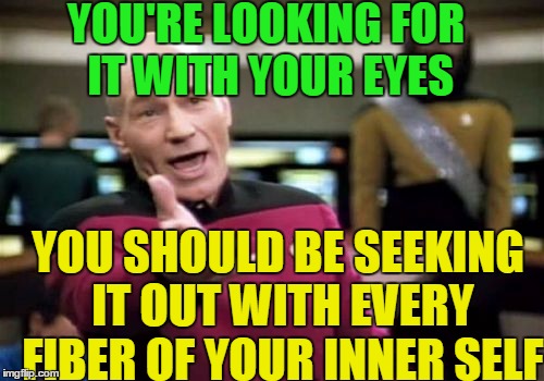 Picard Wtf Meme | YOU'RE LOOKING FOR IT WITH YOUR EYES YOU SHOULD BE SEEKING IT OUT WITH EVERY FIBER OF YOUR INNER SELF | image tagged in memes,picard wtf | made w/ Imgflip meme maker