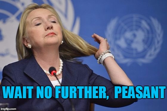 Hillary | WAIT NO FURTHER,  PEASANT | image tagged in hillary | made w/ Imgflip meme maker