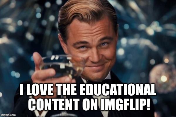 Leonardo Dicaprio Cheers Meme | I LOVE THE EDUCATIONAL CONTENT ON IMGFLIP! | image tagged in memes,leonardo dicaprio cheers | made w/ Imgflip meme maker