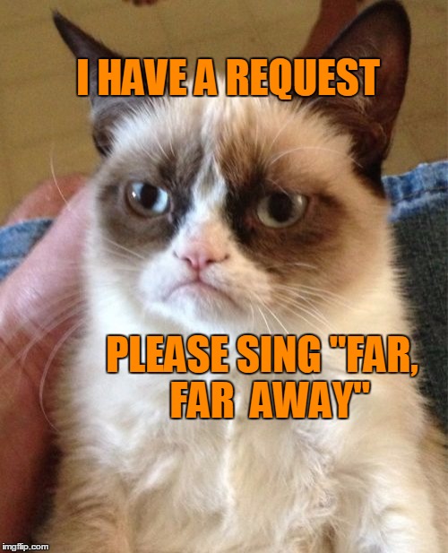 Grumpy Cat Meme | I HAVE A REQUEST PLEASE SING "FAR,  FAR  AWAY" | image tagged in memes,grumpy cat | made w/ Imgflip meme maker