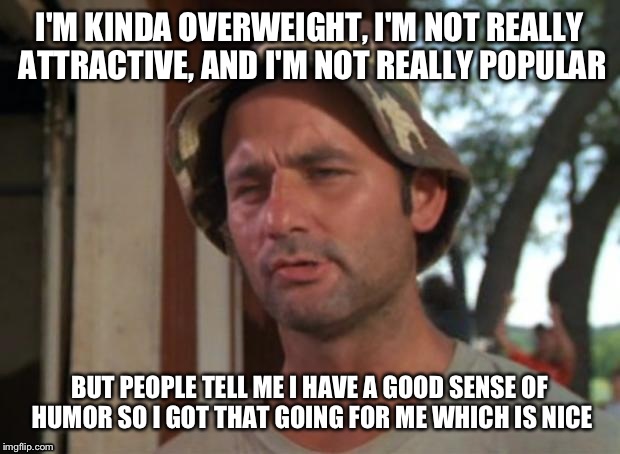 So I Got That Goin For Me Which Is Nice | I'M KINDA OVERWEIGHT, I'M NOT REALLY ATTRACTIVE, AND I'M NOT REALLY POPULAR; BUT PEOPLE TELL ME I HAVE A GOOD SENSE OF HUMOR SO I GOT THAT GOING FOR ME WHICH IS NICE | image tagged in memes,so i got that goin for me which is nice | made w/ Imgflip meme maker