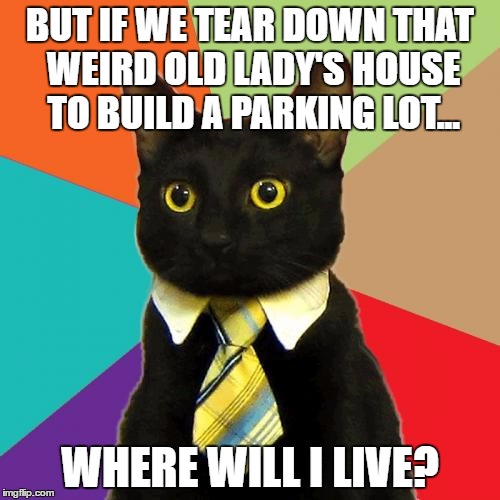 Business Cat Cares About People, Not Just Profits | BUT IF WE TEAR DOWN THAT WEIRD OLD LADY'S HOUSE TO BUILD A PARKING LOT... WHERE WILL I LIVE? | image tagged in memes,business cat | made w/ Imgflip meme maker