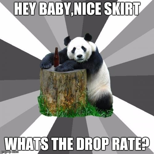 Pickup Line Panda Meme | HEY BABY,NICE SKIRT; WHATS THE DROP RATE? | image tagged in memes,pickup line panda | made w/ Imgflip meme maker