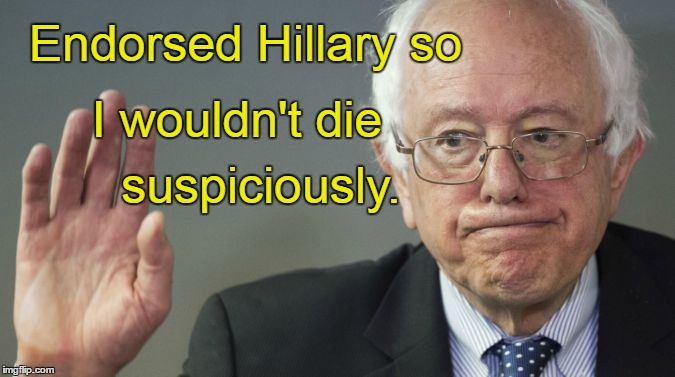 Bernie endorsed Hillary so he wouldn't die suspiciously | Endorsed Hillary so; I wouldn't die; suspiciously. | image tagged in hillary clinton,bernie sanders,suspicious death | made w/ Imgflip meme maker
