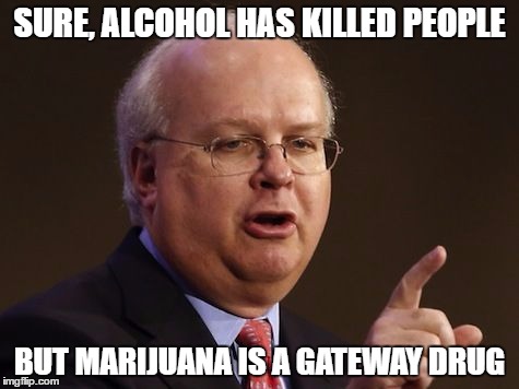 Karl Rove | SURE, ALCOHOL HAS KILLED PEOPLE; BUT MARIJUANA IS A GATEWAY DRUG | image tagged in karl rove | made w/ Imgflip meme maker