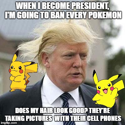 Donald Trump | WHEN I BECOME PRESIDENT, I'M GOING TO BAN EVERY POKEMON; DOES MY HAIR LOOK GOOD? THEY'RE TAKING PICTURES  WITH THEIR CELL PHONES | image tagged in donald trump | made w/ Imgflip meme maker