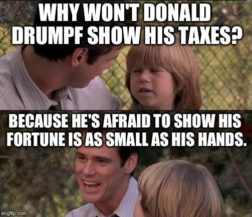 Drumpf taxes | WHY WON'T DONALD DRUMPF SHOW HIS TAXES? BECAUSE HE'S AFRAID TO SHOW HIS FORTUNE IS AS SMALL AS HIS HANDS. | image tagged in trump,drumpf,taxes | made w/ Imgflip meme maker