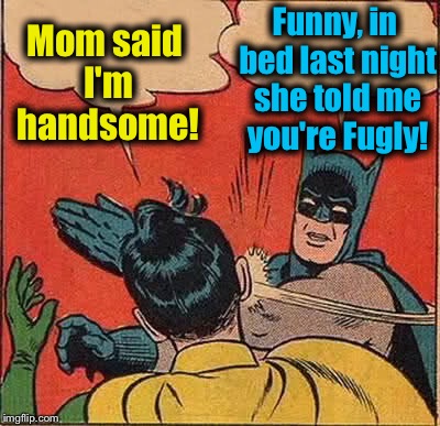 Batman Slapping Robin Meme | Mom said I'm handsome! Funny, in bed last night she told me you're Fugly! | image tagged in memes,batman slapping robin | made w/ Imgflip meme maker