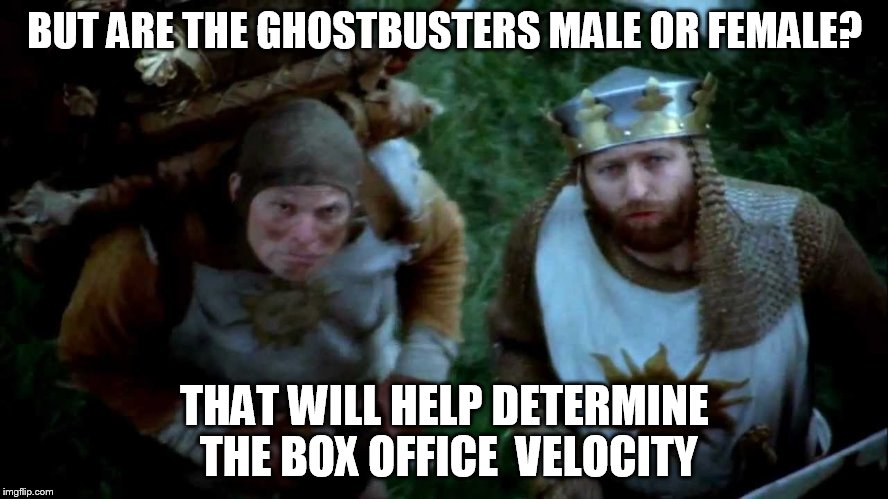 Are the Ghostbusters chicks or dudes? | BUT ARE THE GHOSTBUSTERS MALE OR FEMALE? THAT WILL HELP DETERMINE THE BOX OFFICE  VELOCITY | image tagged in the questioning king,monty python,ghostbusters,movies | made w/ Imgflip meme maker