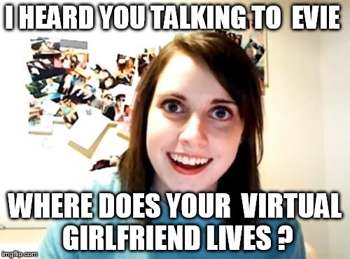 Overly Attached Girlfriend | I HEARD YOU TALKING TO  EVIE; WHERE DOES YOUR  VIRTUAL  GIRLFRIEND LIVES ? | image tagged in memes,overly attached girlfriend | made w/ Imgflip meme maker