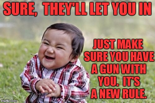 Evil Toddler Meme | SURE,  THEY'LL LET YOU IN JUST MAKE SURE YOU HAVE A GUN WITH YOU.  IT'S A NEW RULE. | image tagged in memes,evil toddler | made w/ Imgflip meme maker