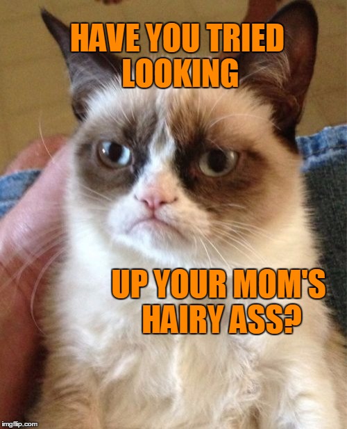 Grumpy Cat Meme | HAVE YOU TRIED LOOKING UP YOUR MOM'S HAIRY ASS? | image tagged in memes,grumpy cat | made w/ Imgflip meme maker