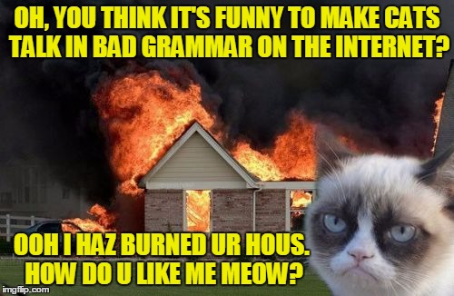 Grumpy Cat is not impressed | OH, YOU THINK IT'S FUNNY TO MAKE CATS TALK IN BAD GRAMMAR ON THE INTERNET? OOH I HAZ BURNED UR HOUS. HOW DO U LIKE ME MEOW? | image tagged in memes,burn kitty,internet,cat,grammar,grumpy cat | made w/ Imgflip meme maker