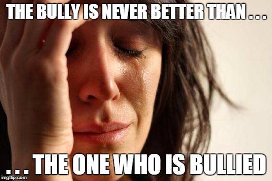 First World Problems | THE BULLY IS NEVER BETTER THAN . . . . . . THE ONE WHO IS BULLIED | image tagged in memes,first world problems | made w/ Imgflip meme maker