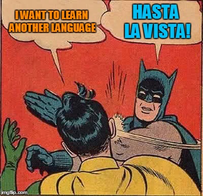 Batman Slapping Robin Meme | I WANT TO LEARN ANOTHER LANGUAGE HASTA LA VISTA! | image tagged in memes,batman slapping robin | made w/ Imgflip meme maker