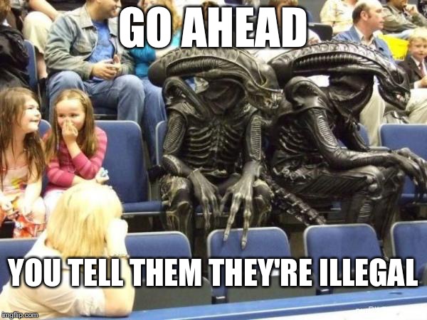Illegal aliens | GO AHEAD; YOU TELL THEM THEY'RE ILLEGAL | image tagged in illegal aliens,memes | made w/ Imgflip meme maker