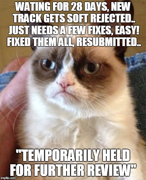 Grumpy Cat Meme | WATING FOR 28 DAYS, NEW TRACK GETS SOFT REJECTED.. JUST NEEDS A FEW FIXES, EASY! FIXED THEM ALL, RESUBMITTED.. "TEMPORARILY HELD FOR FURTHER REVIEW" | image tagged in memes,grumpy cat | made w/ Imgflip meme maker