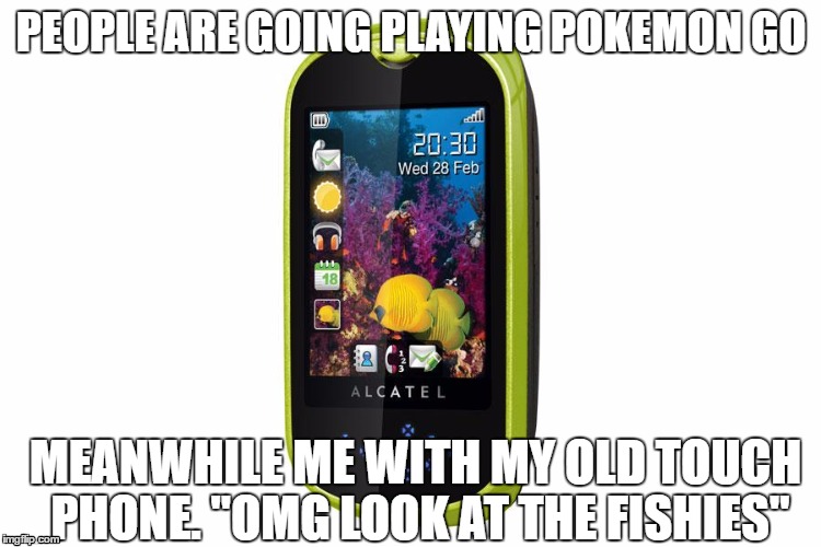 People with old phones | PEOPLE ARE GOING PLAYING POKEMON GO; MEANWHILE ME WITH MY OLD TOUCH PHONE.
"OMG LOOK AT THE FISHIES" | image tagged in old,phone,pokemon go | made w/ Imgflip meme maker
