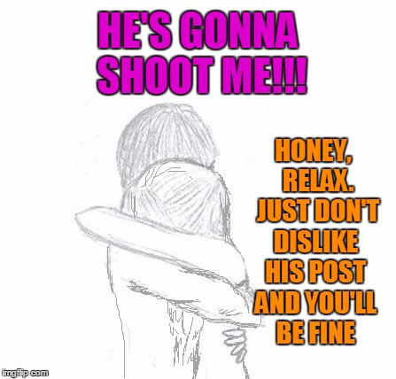 HE'S GONNA SHOOT ME!!! HONEY,  RELAX.  JUST DON'T DISLIKE HIS POST AND YOU'LL BE FINE | image tagged in hold | made w/ Imgflip meme maker