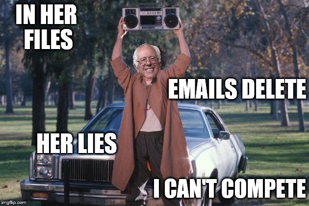 Endorse Anything, now showing. | IN HER FILES; EMAILS DELETE; HER LIES; I CAN'T COMPETE | image tagged in memes,bernie,hillary | made w/ Imgflip meme maker