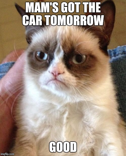 Grumpy Cat | MAM'S GOT THE CAR TOMORROW; GOOD | image tagged in memes,grumpy cat | made w/ Imgflip meme maker