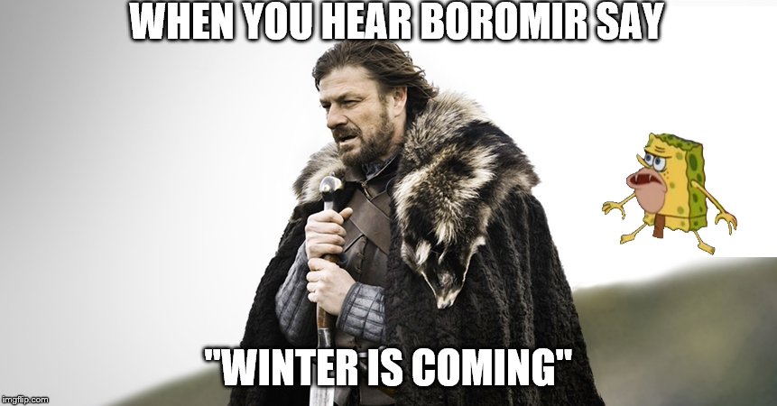 WHEN YOU HEAR BOROMIR SAY; "WINTER IS COMING" | image tagged in boromir,caveman spongebob,game of thrones,spongebob | made w/ Imgflip meme maker