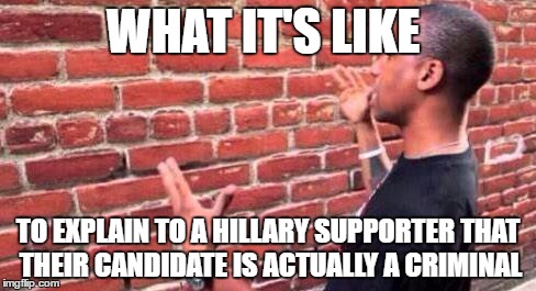 Brick Wall | WHAT IT'S LIKE; TO EXPLAIN TO A HILLARY SUPPORTER THAT THEIR CANDIDATE IS ACTUALLY A CRIMINAL | image tagged in brick wall | made w/ Imgflip meme maker