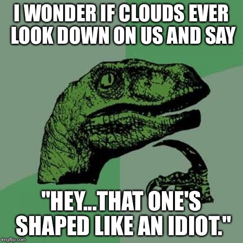 Especially a cloud with an unusually red top... ;) | I WONDER IF CLOUDS EVER LOOK DOWN ON US AND SAY; "HEY...THAT ONE'S SHAPED LIKE AN IDIOT." | image tagged in memes,philosoraptor | made w/ Imgflip meme maker