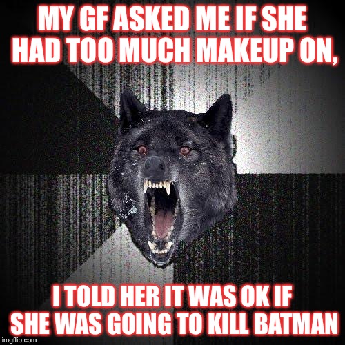 Her reaction was priceless!! | MY GF ASKED ME IF SHE HAD TOO MUCH MAKEUP ON, I TOLD HER IT WAS OK IF SHE WAS GOING TO KILL BATMAN | image tagged in memes,insanity wolf | made w/ Imgflip meme maker